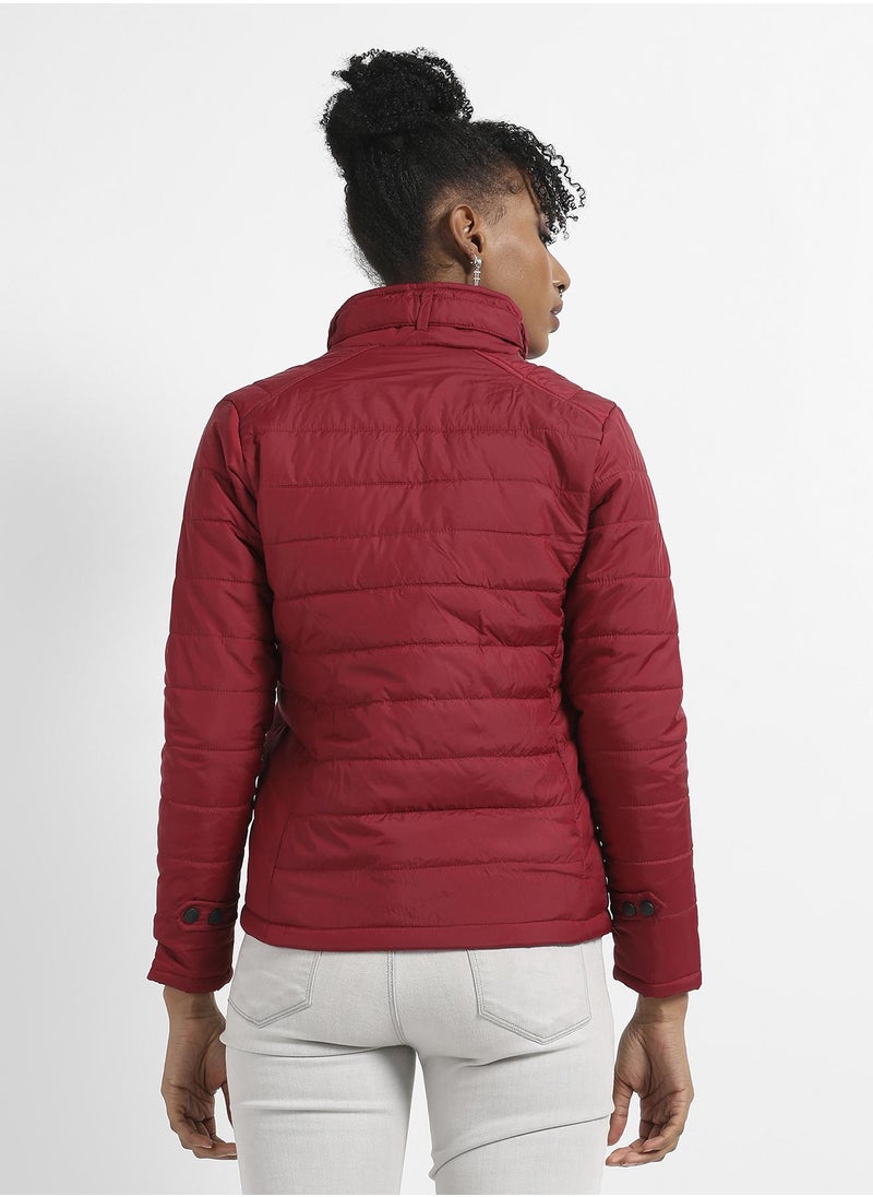 Women's Maroon Puffer Jacket With Flap Insert Pockets