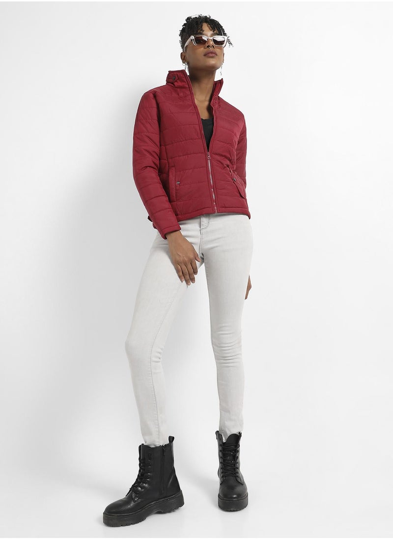 Women's Maroon Puffer Jacket With Flap Insert Pockets