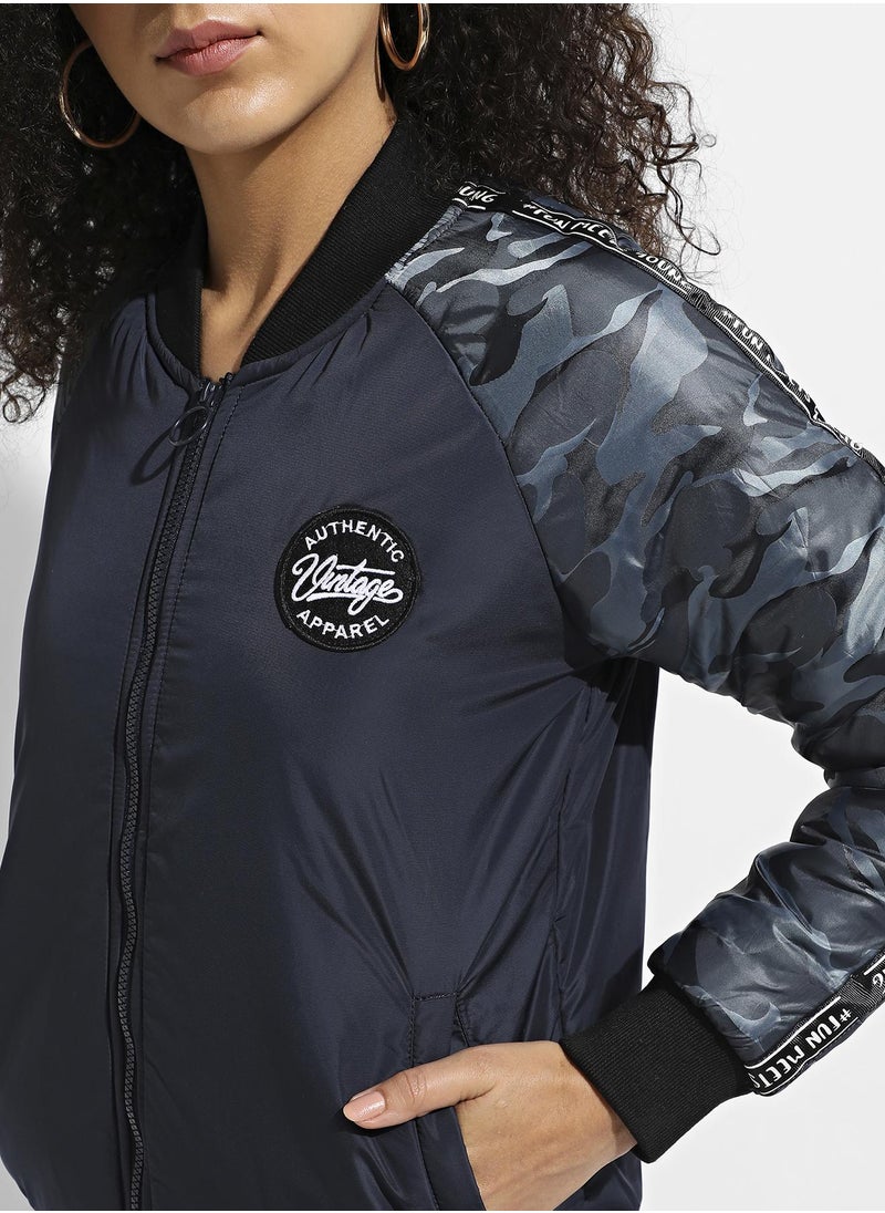 Women's Blue Zip-Front Bomber Jacket With Camouflage Sleeves