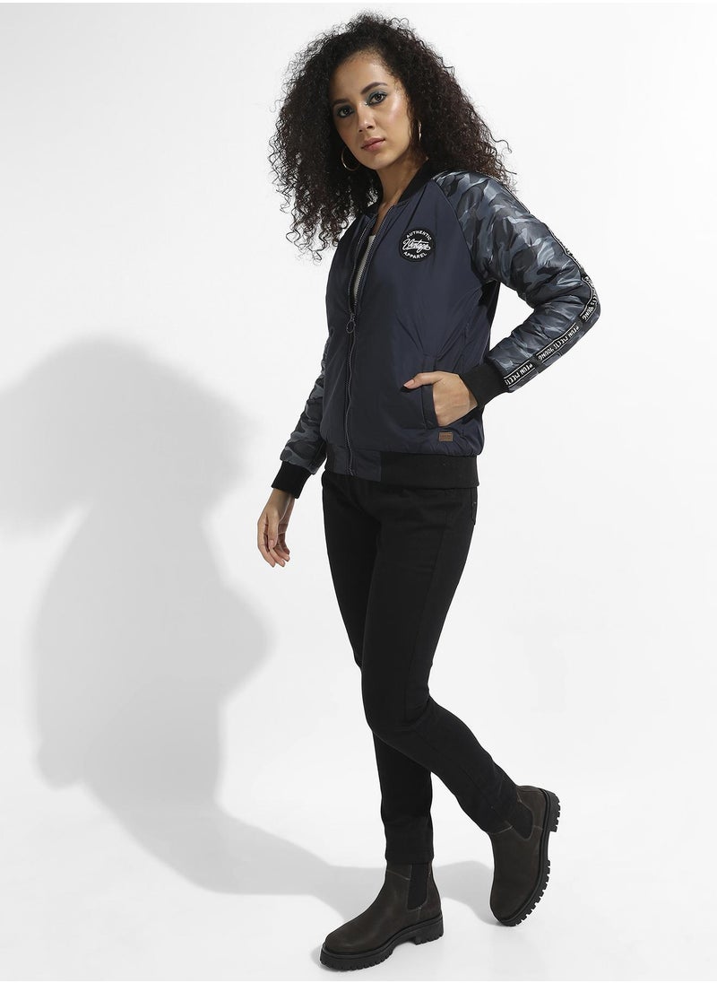 Women's Blue Zip-Front Bomber Jacket With Camouflage Sleeves