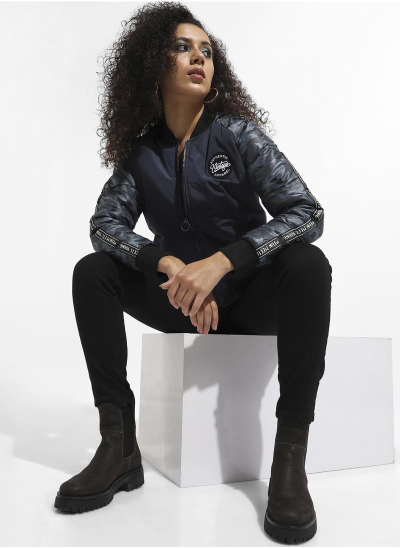 Women's Blue Zip-Front Bomber Jacket With Camouflage Sleeves