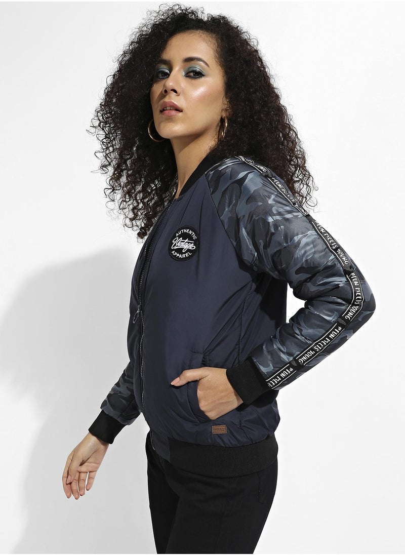 Women's Blue Zip-Front Bomber Jacket With Camouflage Sleeves