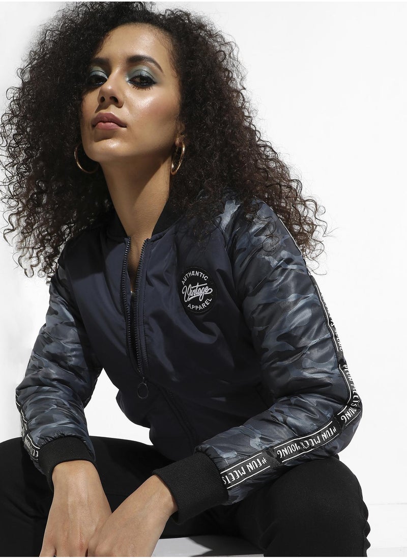 Women's Blue Zip-Front Bomber Jacket With Camouflage Sleeves