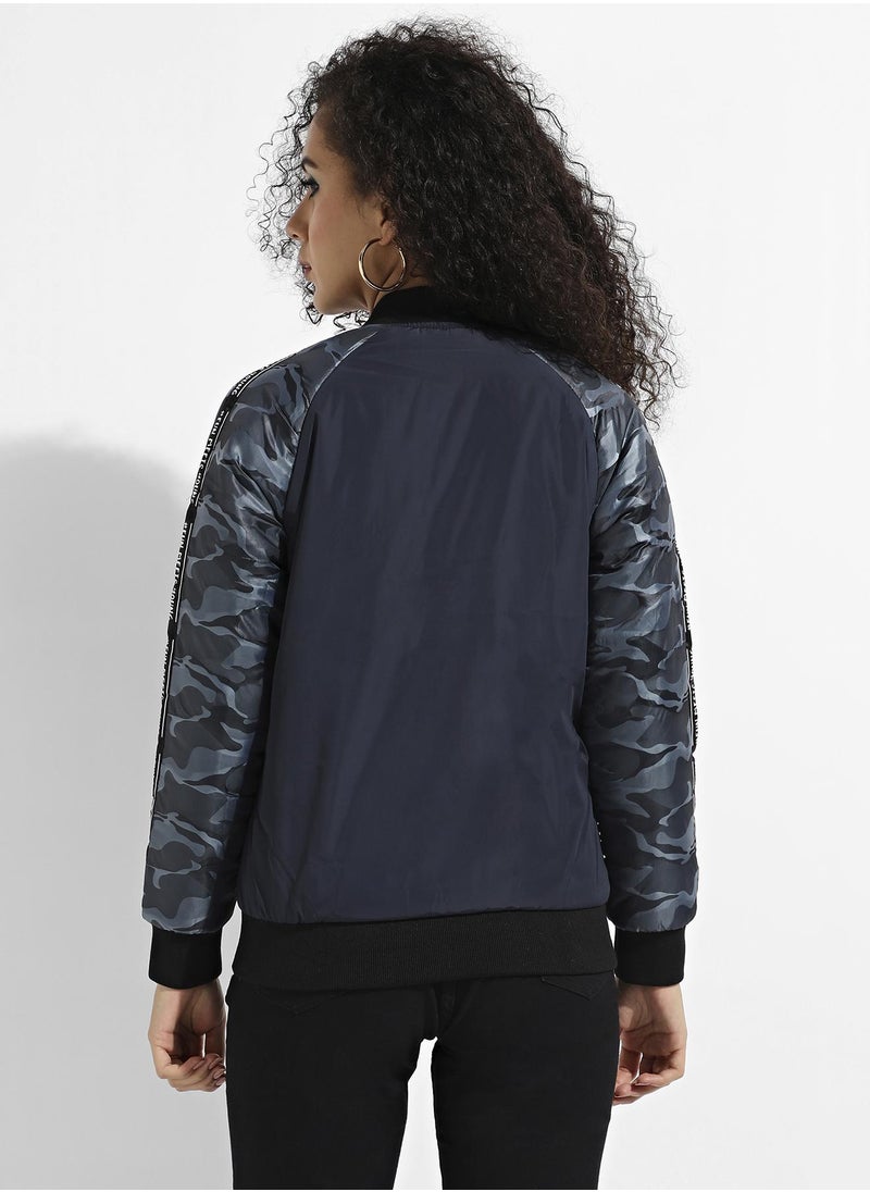 Women's Blue Zip-Front Bomber Jacket With Camouflage Sleeves