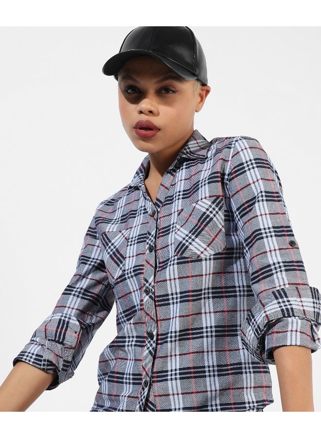 Women's Grey Checkered Regular Fit Shirt