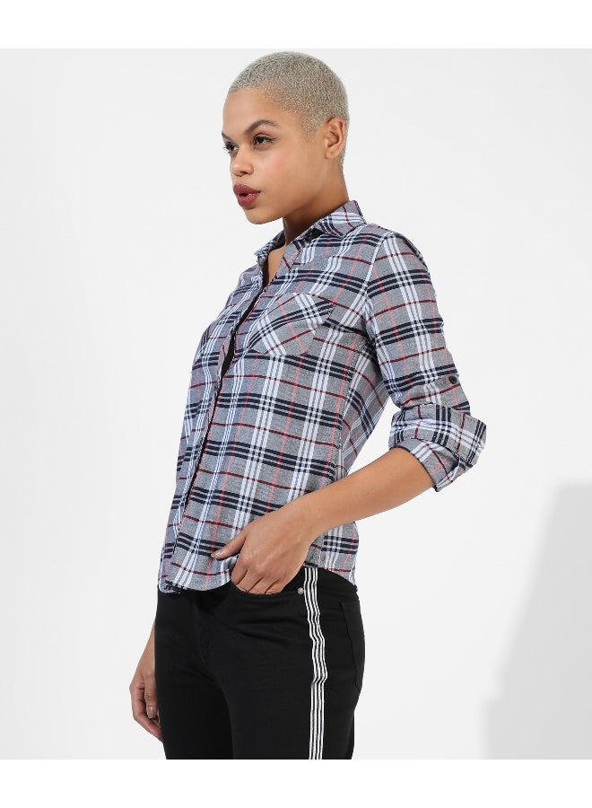 Women's Grey Checkered Regular Fit Shirt