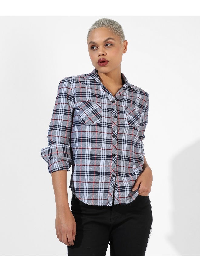 Women's Grey Checkered Regular Fit Shirt