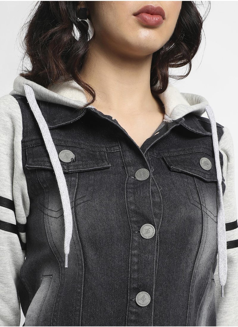 Women's Grey & Black Denim Jacket With Sweatshirt Sleeve