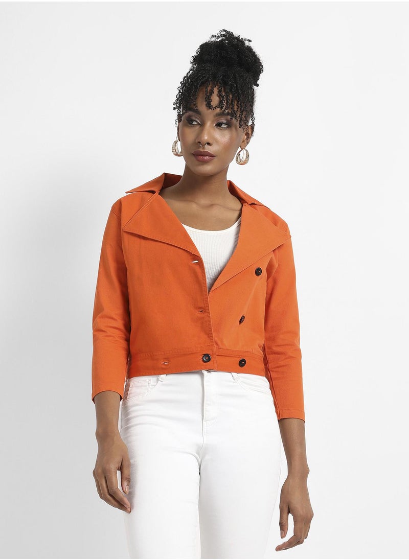 Women's Orange Biker Jacket With Contrast Button