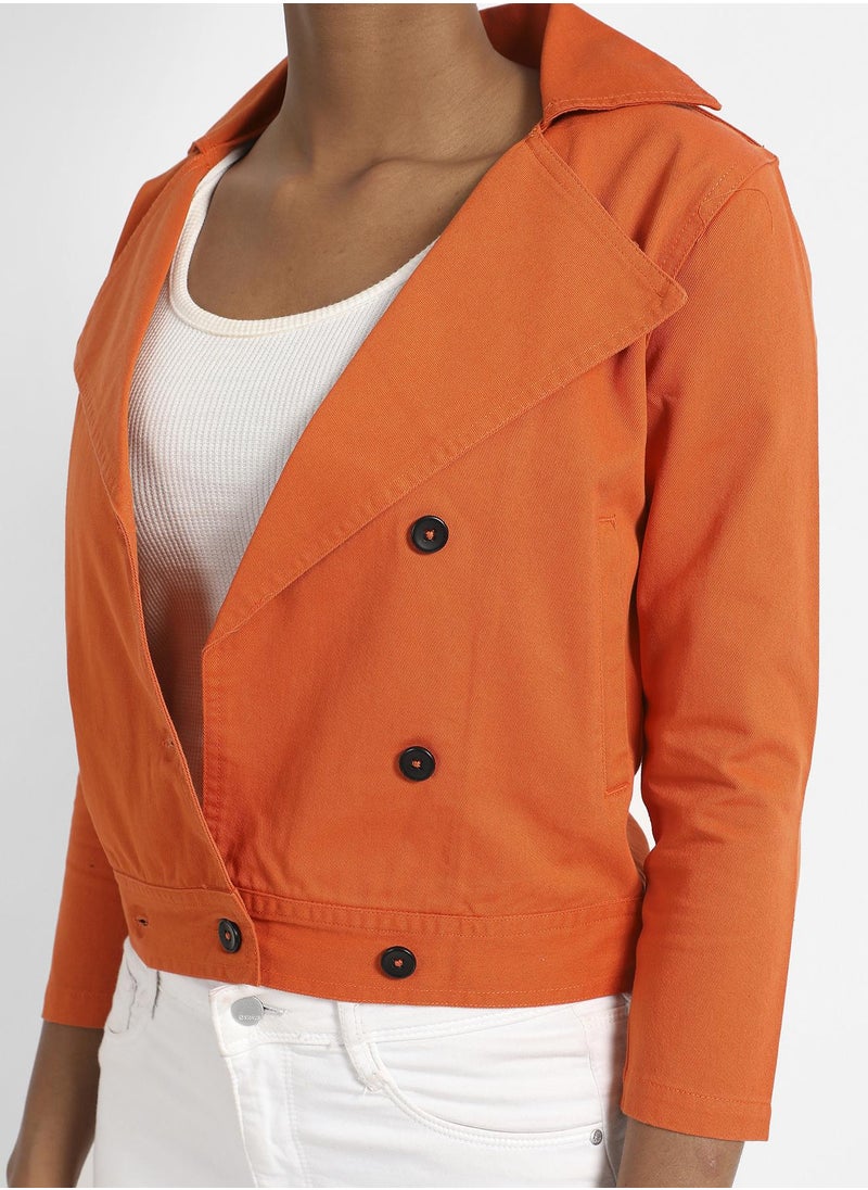 Women's Orange Biker Jacket With Contrast Button