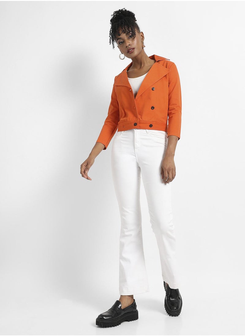 Women's Orange Biker Jacket With Contrast Button