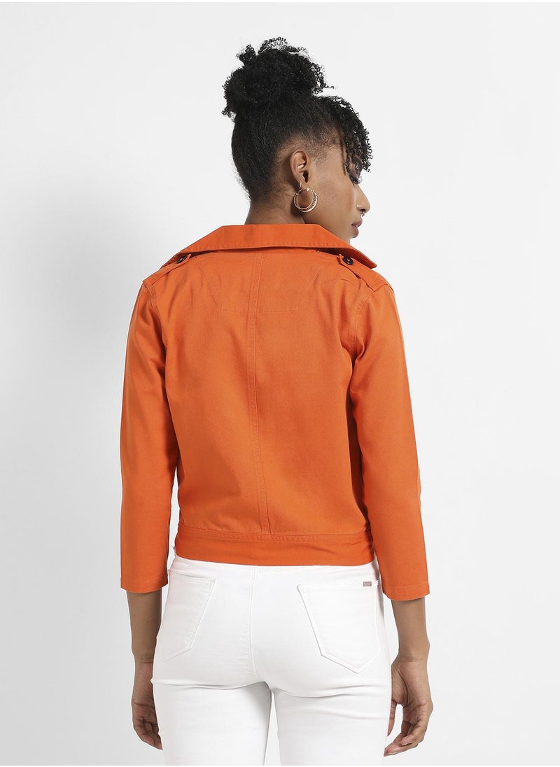 Women's Orange Biker Jacket With Contrast Button