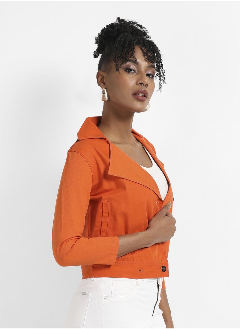 Women's Orange Biker Jacket With Contrast Button