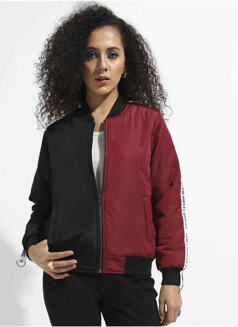 Women's Black & Maroon Zip-Front Colourblock Bomber Jacket