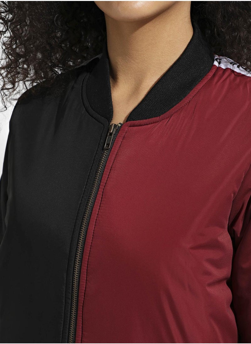 Women's Black & Maroon Zip-Front Colourblock Bomber Jacket