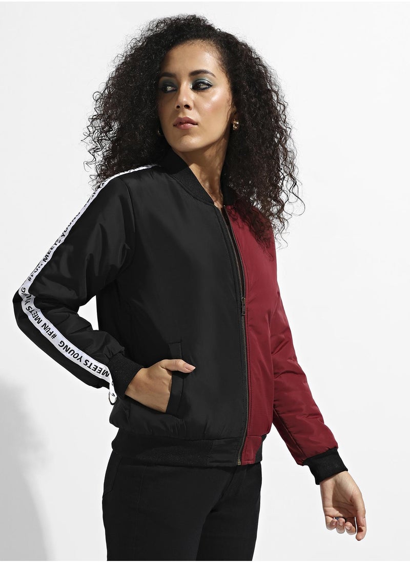 Women's Black & Maroon Zip-Front Colourblock Bomber Jacket