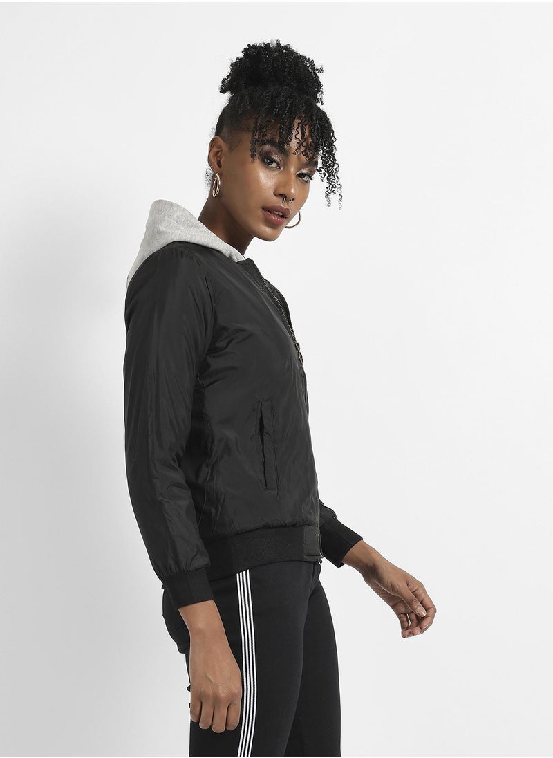 Women's Black Zip-Front Bomber Jacket With Contrast Hood