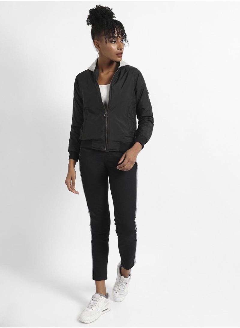 Women's Black Zip-Front Bomber Jacket With Contrast Hood