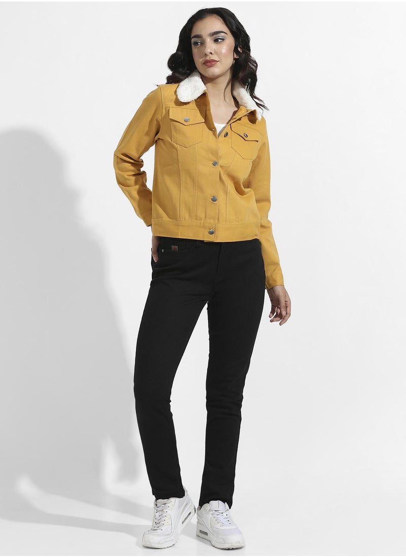 Women's Yellow Front-Button Jacket With Fur Details