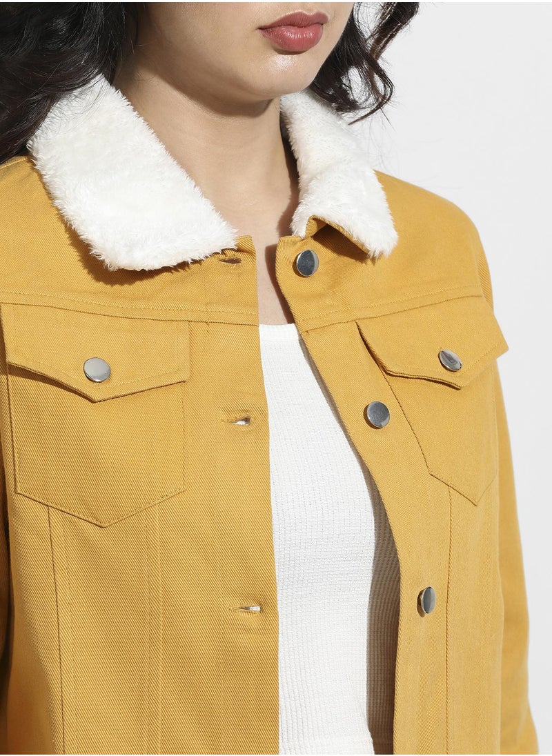 Women's Yellow Front-Button Jacket With Fur Details