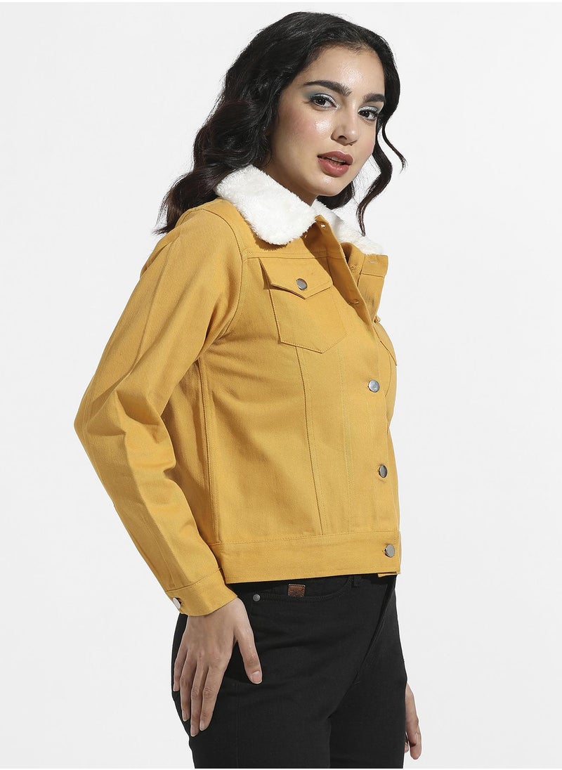 Women's Yellow Front-Button Jacket With Fur Details