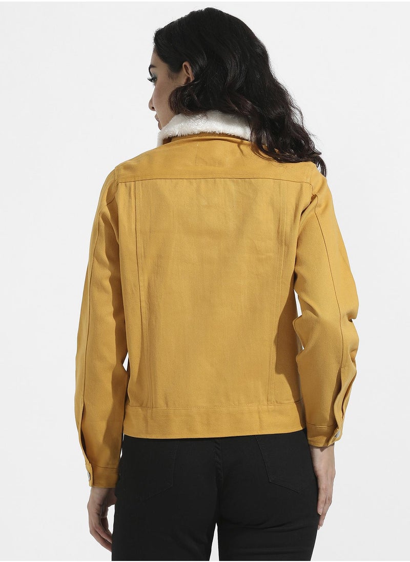 Women's Yellow Front-Button Jacket With Fur Details