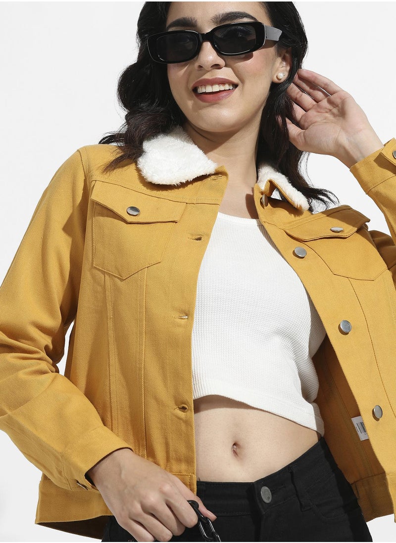 Women's Yellow Front-Button Jacket With Fur Details