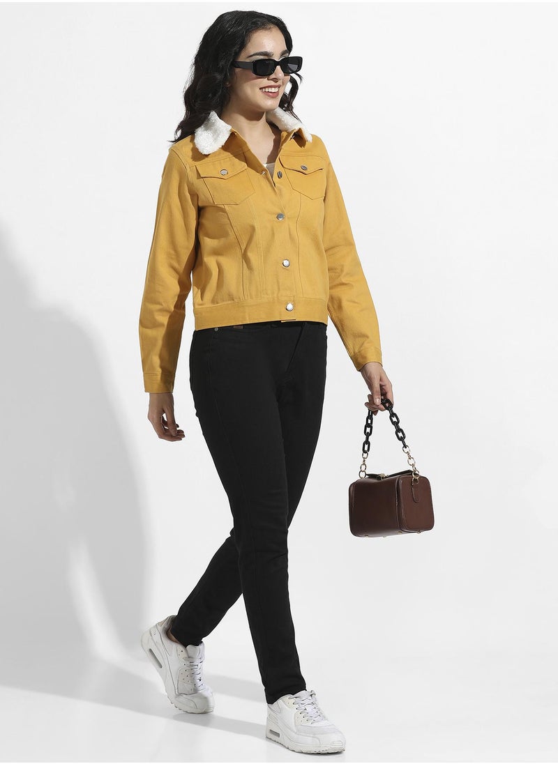 Women's Yellow Front-Button Jacket With Fur Details