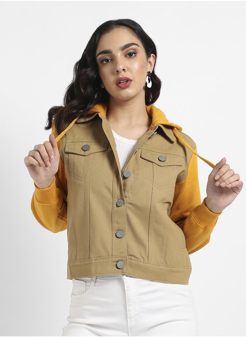 Women's Yellow & Beige Denim Jacket With Sweatshirt Sleeve