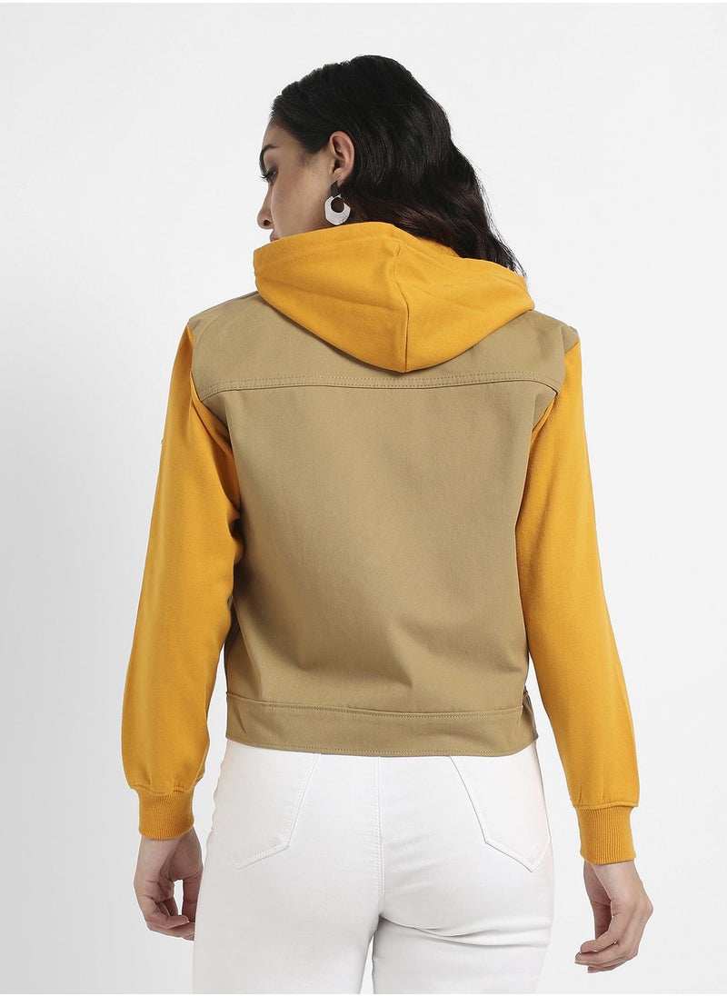 Women's Yellow & Beige Denim Jacket With Sweatshirt Sleeve