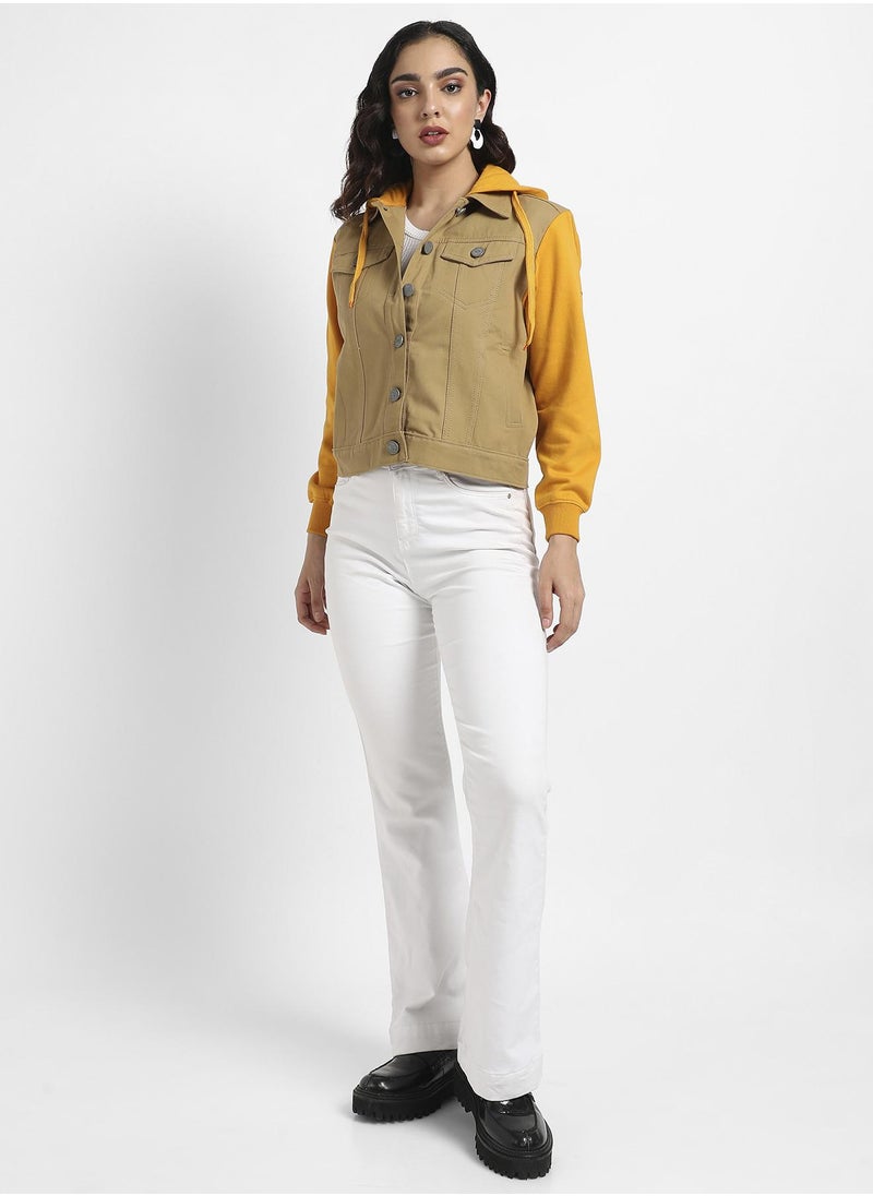 Women's Yellow & Beige Denim Jacket With Sweatshirt Sleeve