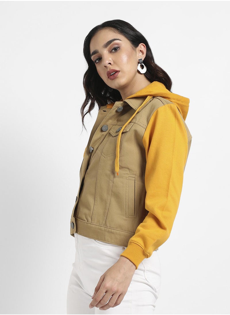 Women's Yellow & Beige Denim Jacket With Sweatshirt Sleeve