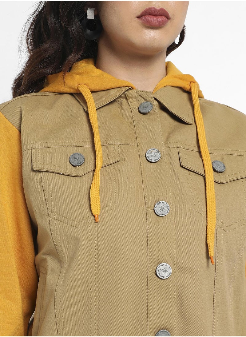 Women's Yellow & Beige Denim Jacket With Sweatshirt Sleeve