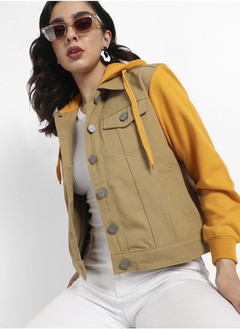 Women's Yellow & Beige Denim Jacket With Sweatshirt Sleeve