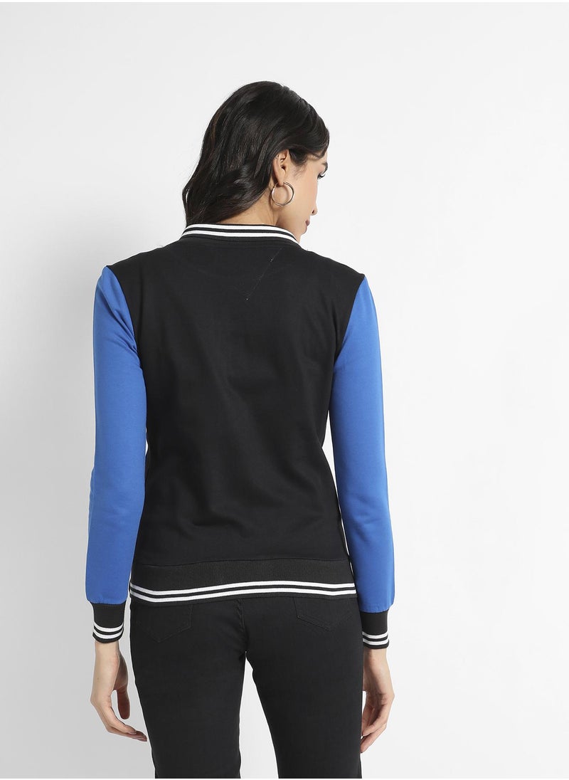 Women's Black & Blue Button-Front Jacket With Contrast Sleeves