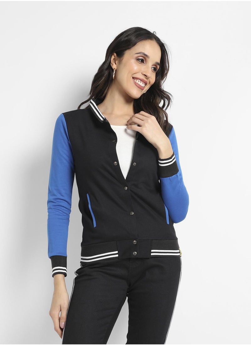 Women's Black & Blue Button-Front Jacket With Contrast Sleeves