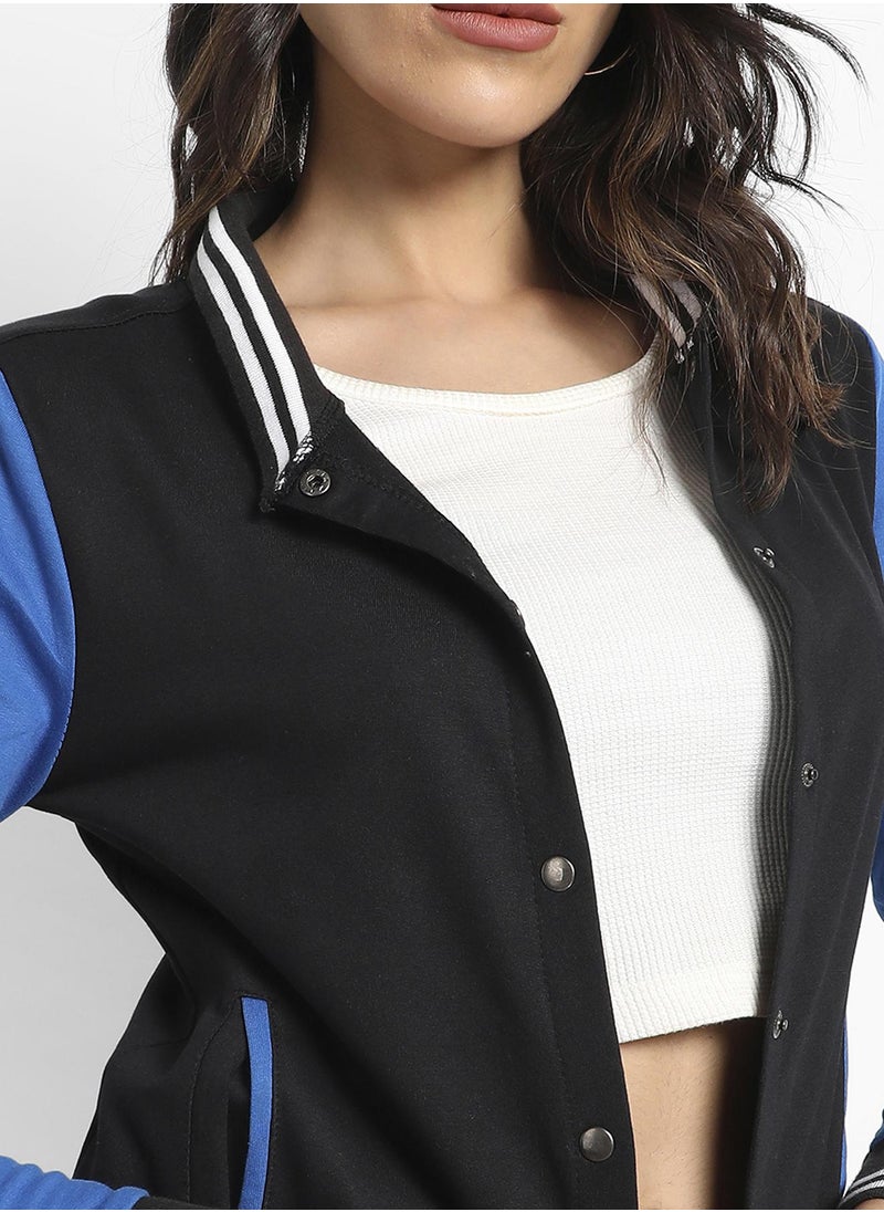 Women's Black & Blue Button-Front Jacket With Contrast Sleeves