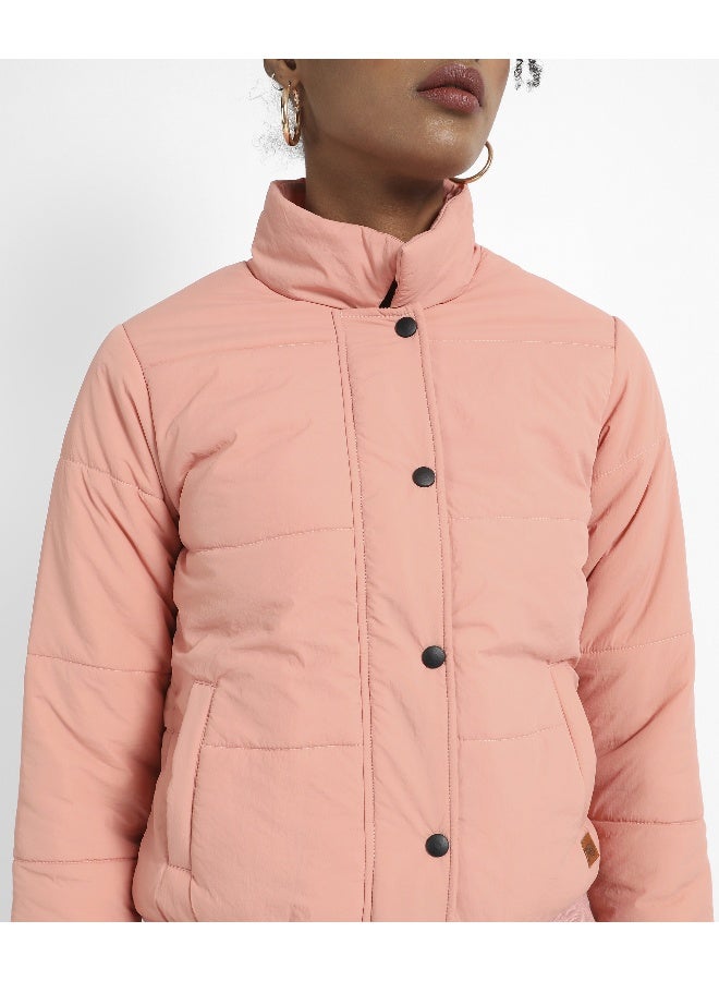 Women's Pink Puffer Jacket With Ribbed Hem