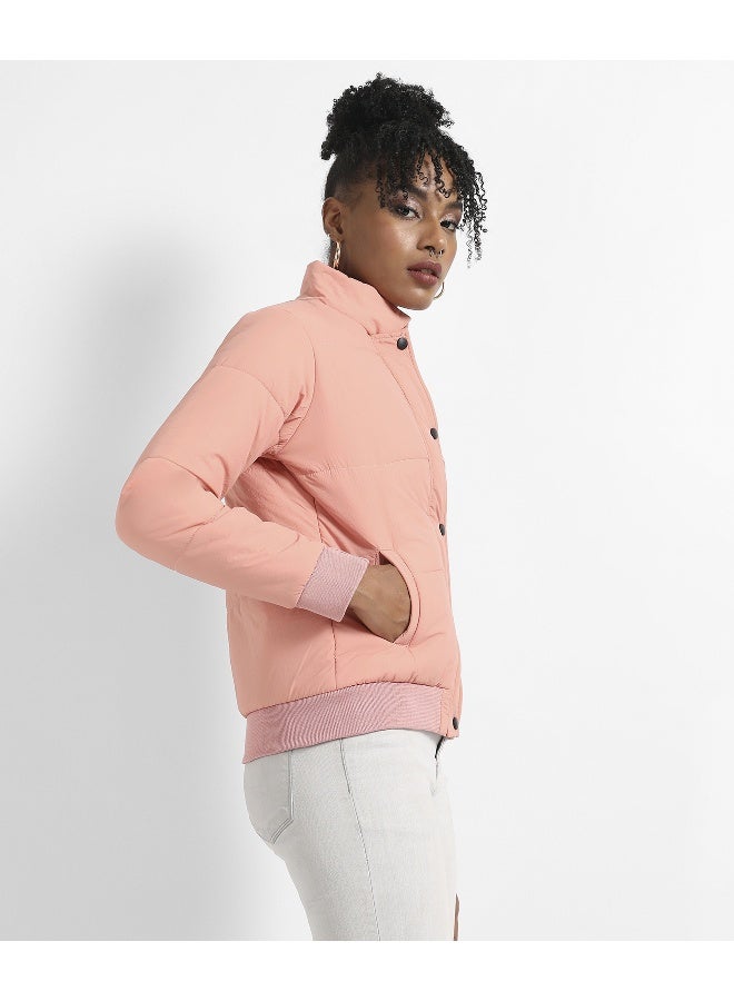 Women's Pink Puffer Jacket With Ribbed Hem