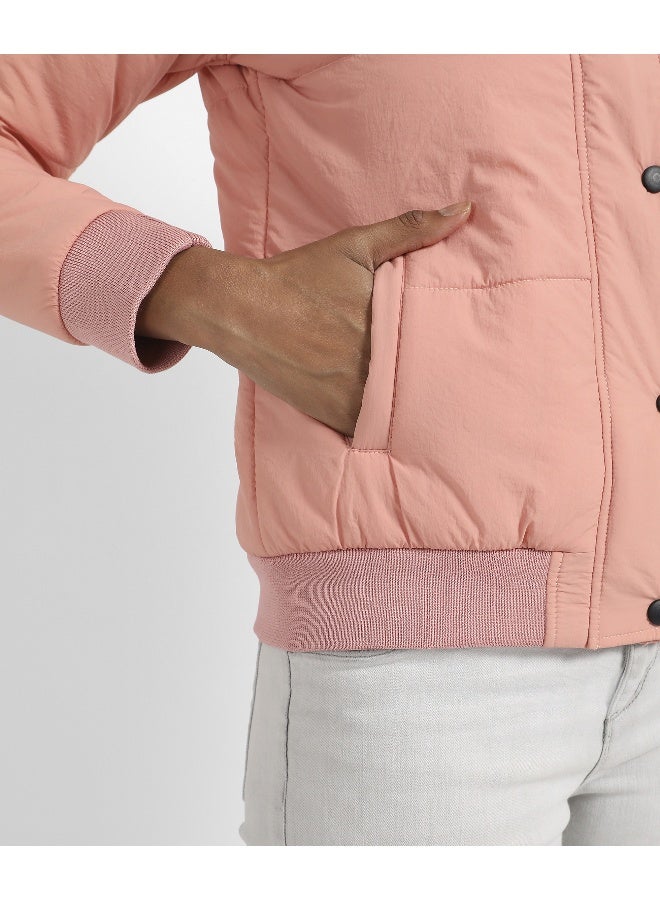 Women's Pink Puffer Jacket With Ribbed Hem