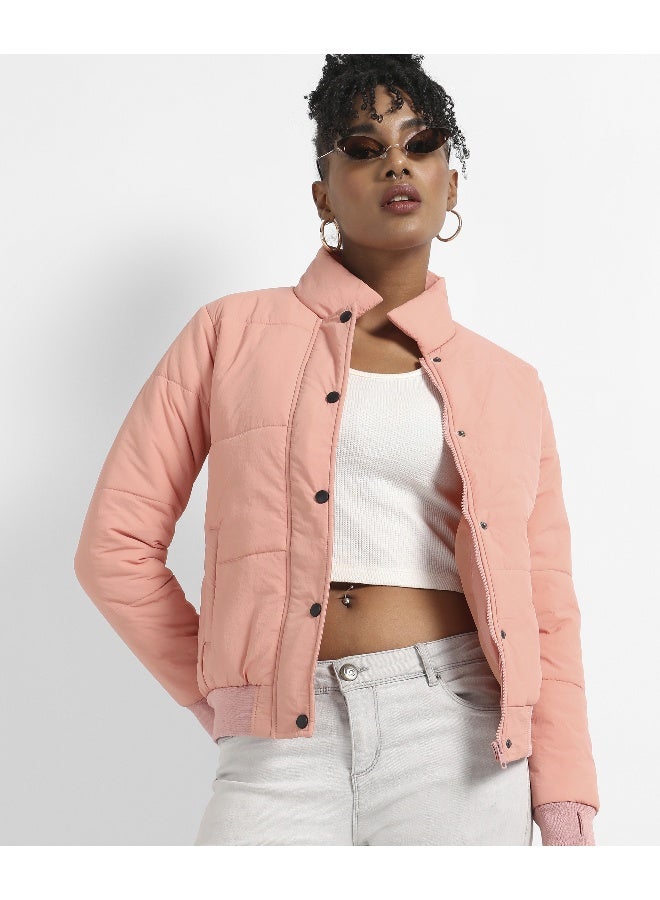 Women's Pink Puffer Jacket With Ribbed Hem