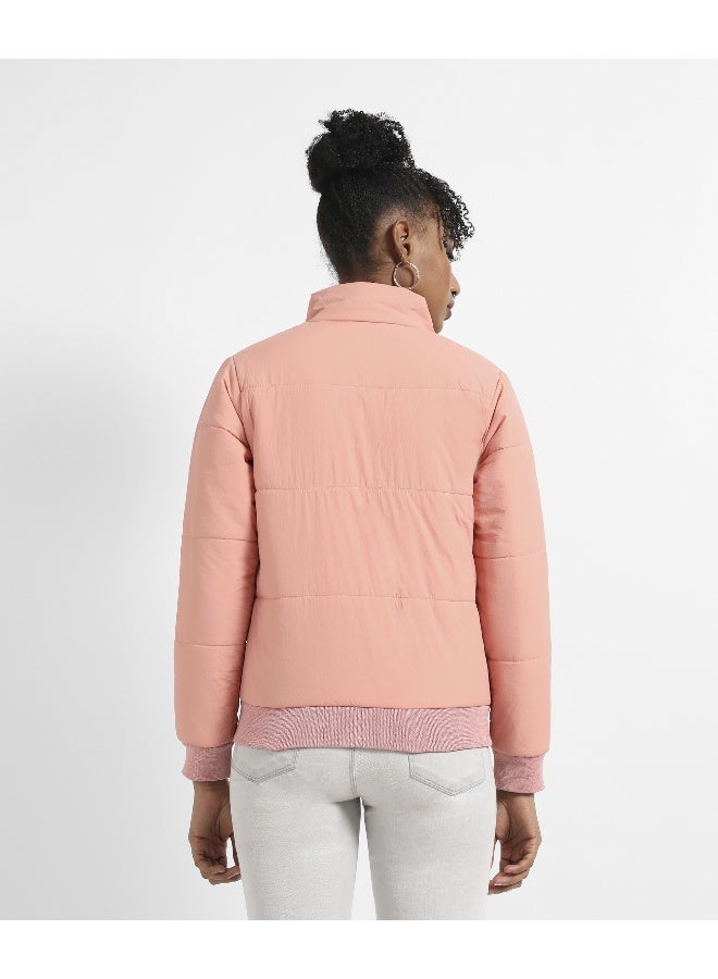 Women's Pink Puffer Jacket With Ribbed Hem