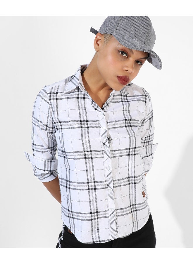 Women's White Checkered Regular Fit Shirt