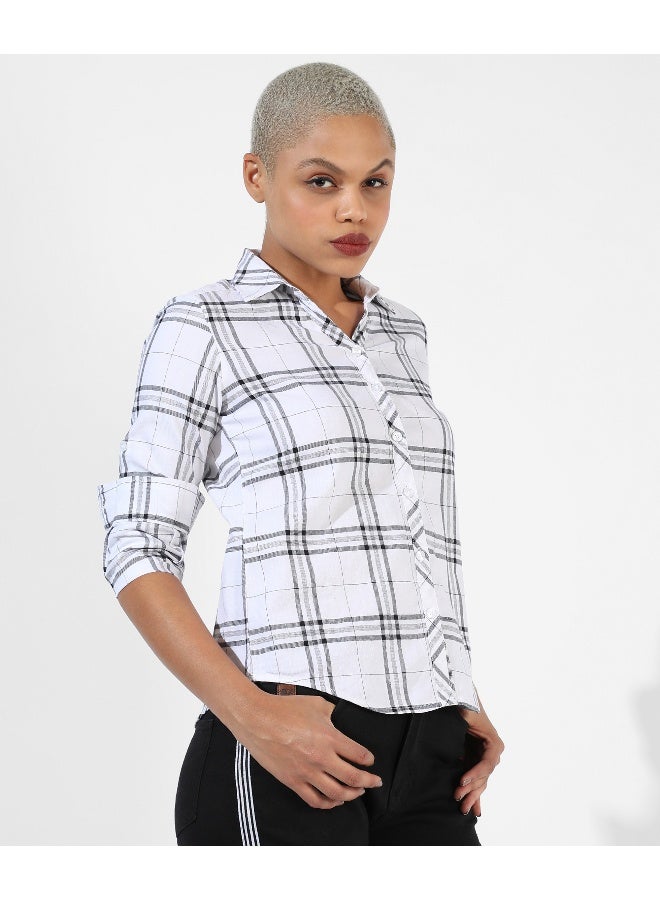 Women's White Checkered Regular Fit Shirt