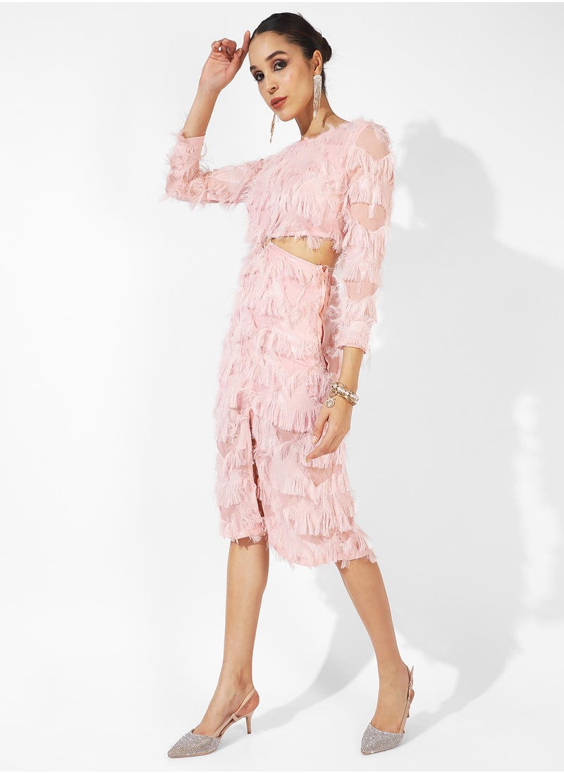 Women's Pastel Pink Cutout Fringe Dress