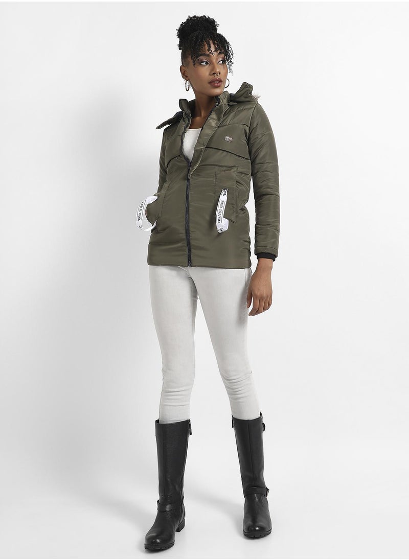 Women's Olive Green Long Puffer Jacket With Fur Detail