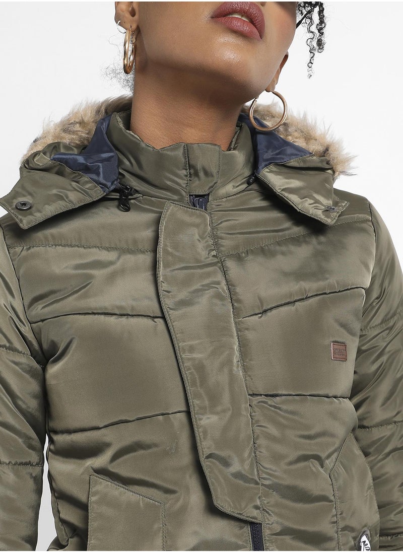 Women's Olive Green Long Puffer Jacket With Fur Detail