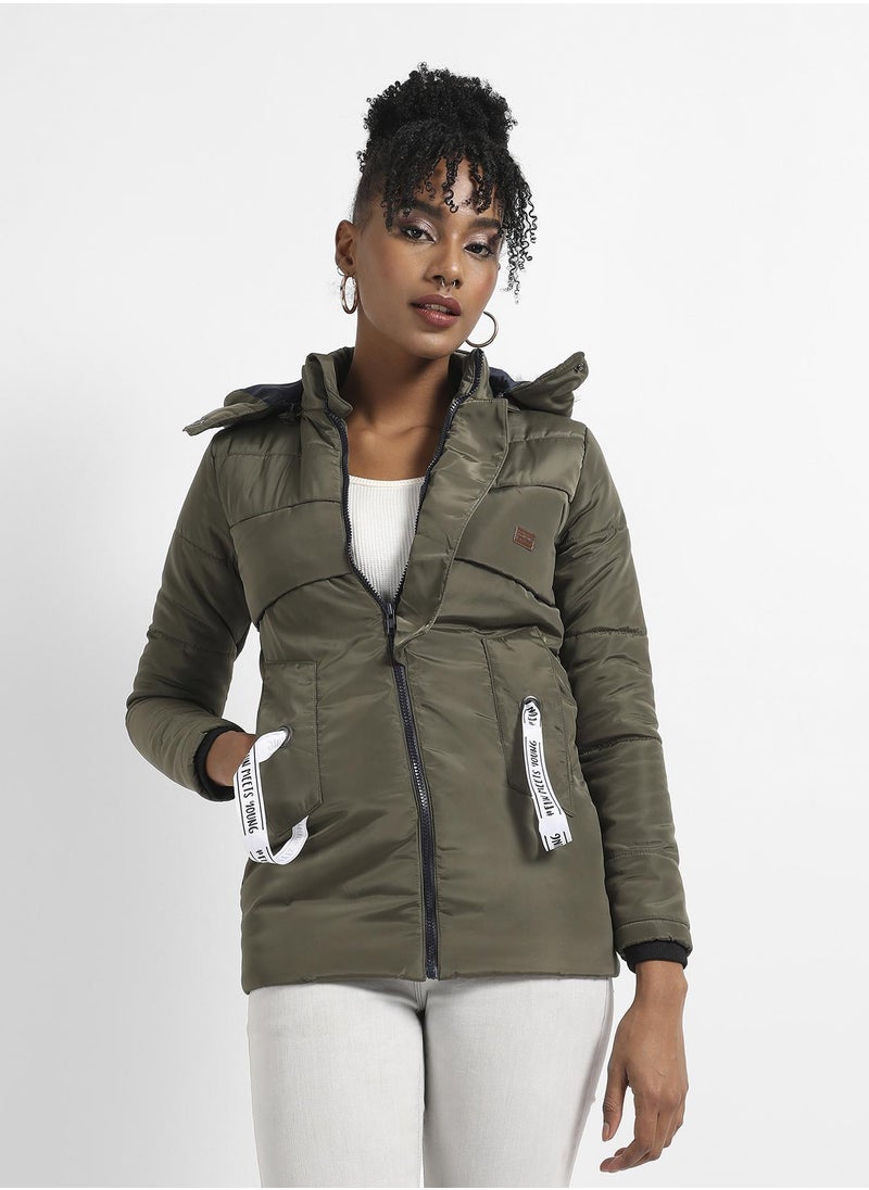 Women's Olive Green Long Puffer Jacket With Fur Detail