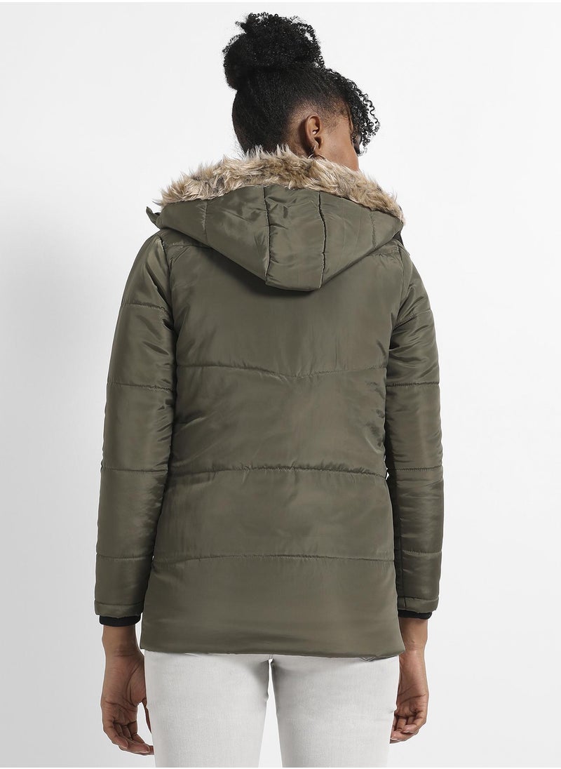 Women's Olive Green Long Puffer Jacket With Fur Detail