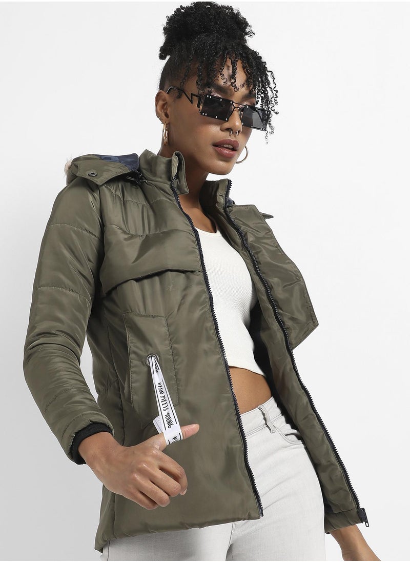 Women's Olive Green Long Puffer Jacket With Fur Detail